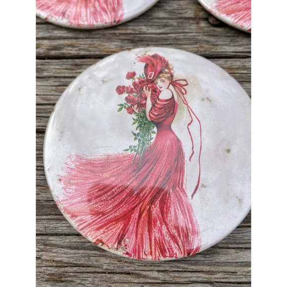 Vintage lot 3 Pocket Mirrors Victorian Lady Big Hat Red Dress - Picture 7 of 8